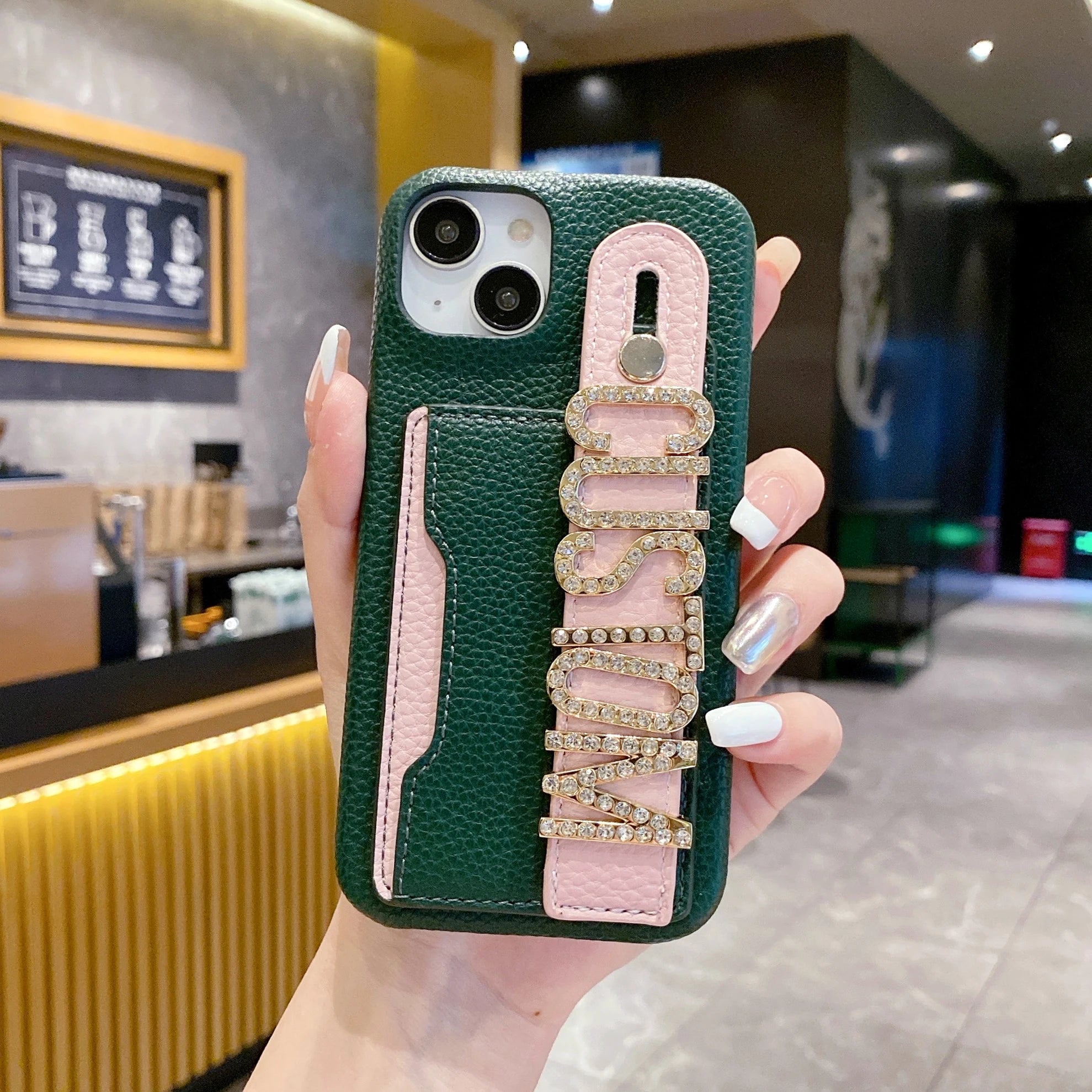 Étui de téléphone en cuir personnalisé avec nom de lettre, porte-carte de bracelet personnalisé, iPhone 16, 15, 14, 13, 12, 11Pro Max, 16Plus