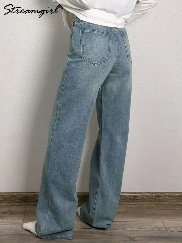 Jean bleu femmes taille haute 2025 ample décontracté petit ami jean Long pour le travail dames Simple jambe droite Denim pantalon pour les femmes