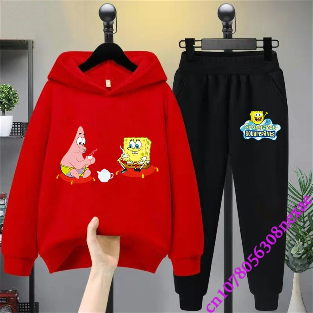 Spongebob-Pull imprimé dessin animé pour enfants, vêtements pour garçons et filles, imbibé, printemps et automne, Sportif, fjedly, 2 pièces