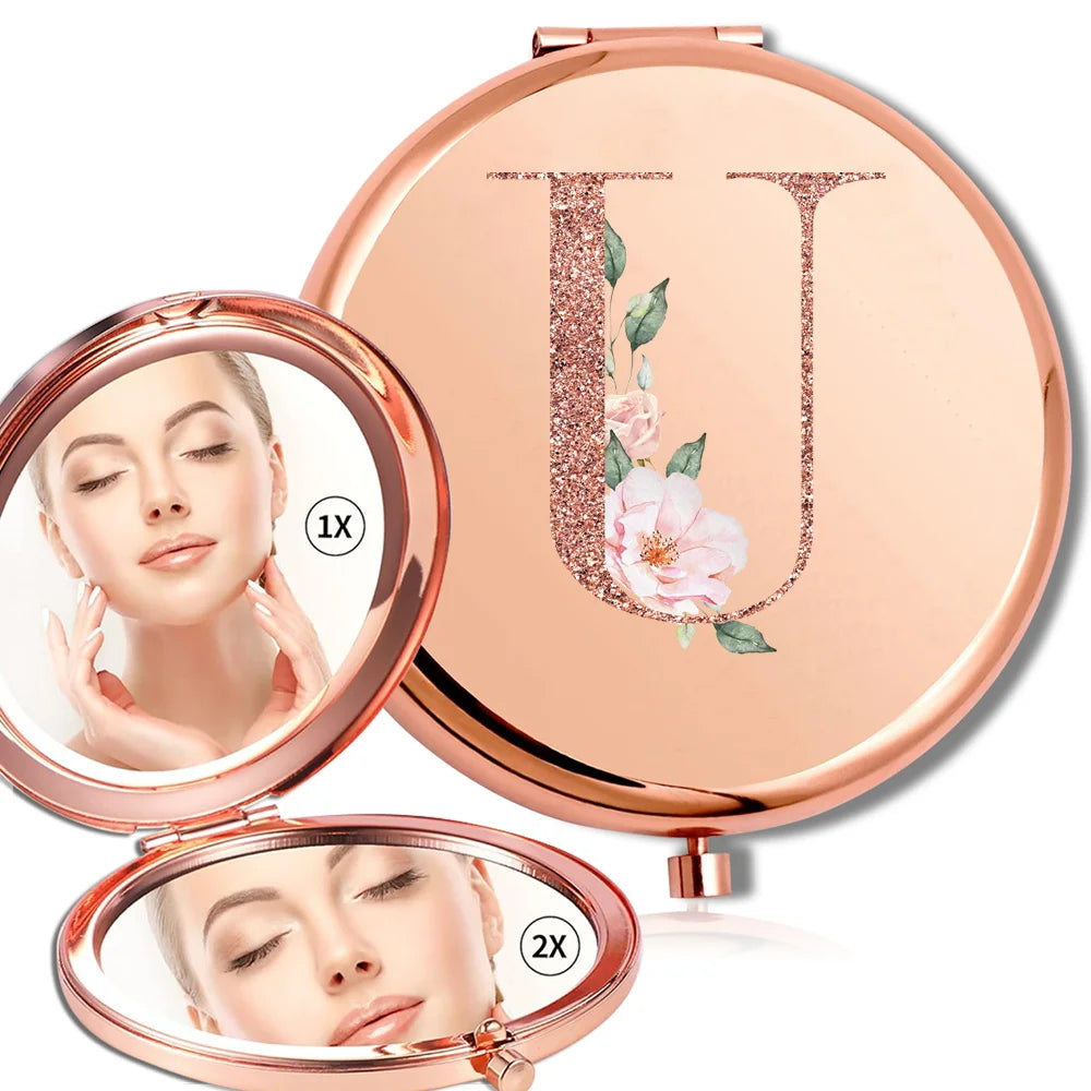 Miroir rond de maquillage grossissant Double face en métal, cosmétique, aspect Portable, verre, Compact, motif de lettres en or Rose