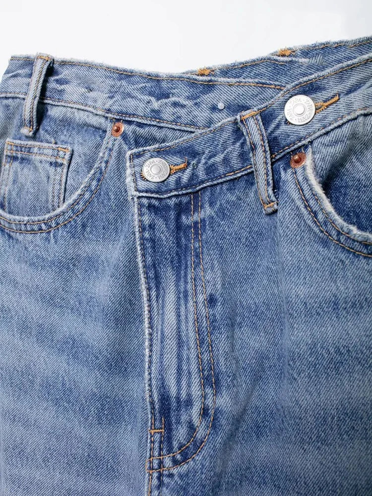 Jeans asymétriques à taille haute et à jambes larges pour femmes nouveaux modèles de base mode polyvalente pantalons droits pantalons