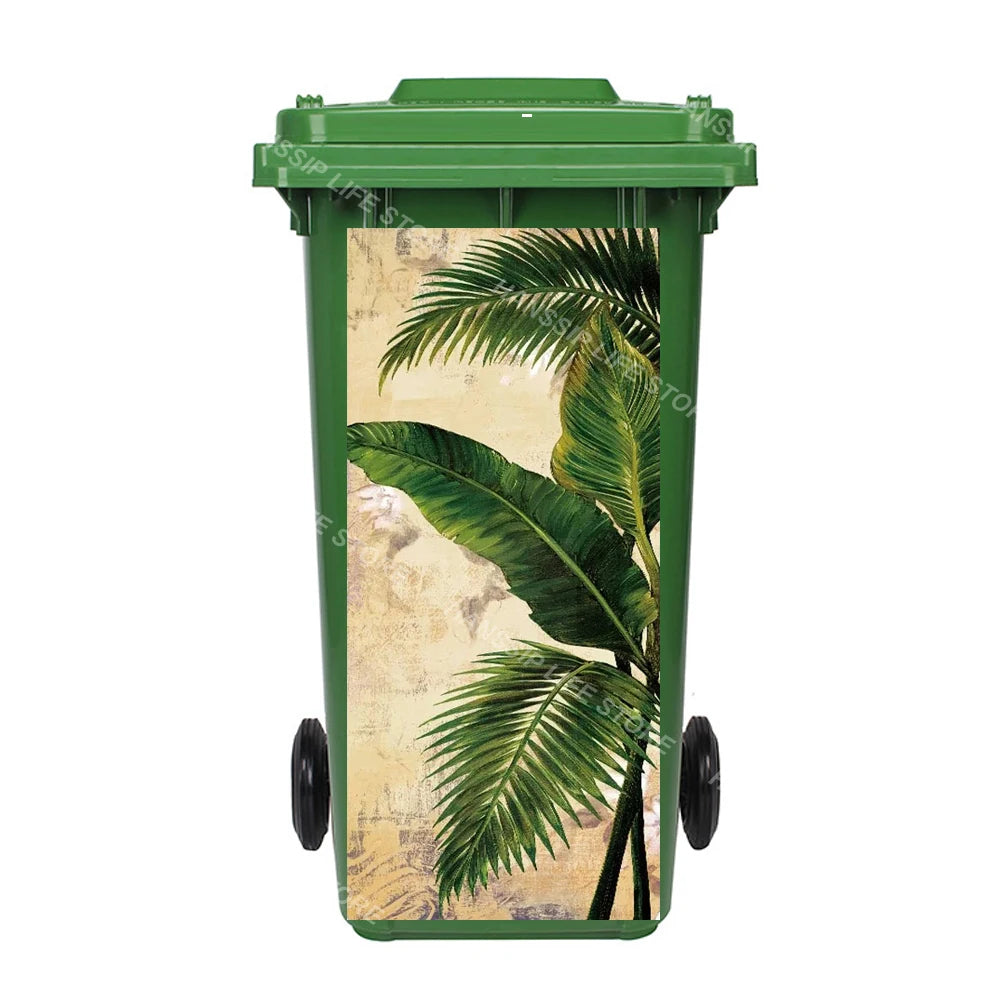 Autocollant imperméable en PVC pour poubelle d'extérieur, plantes tropicales, art mural, autocollants pour poubelle, pingouin et cuir chevelu