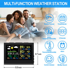 Station météo intelligente sans fil avec 3 capteurs, grand écran couleur, thermomètre et hygromètre numérique intérieur et extérieur pour le bureau et la maison