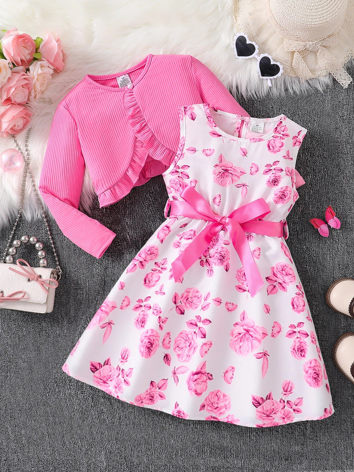 Vêtements pour enfants fille automne mode décontracté rose robe florale ensemble 2 pièces ensemble-rose col rond gilet + jupe florale rose