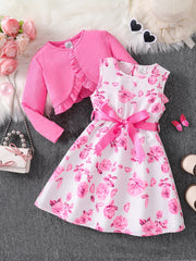 Vêtements pour enfants fille automne mode décontracté rose robe florale ensemble 2 pièces ensemble-rose col rond gilet + jupe florale rose