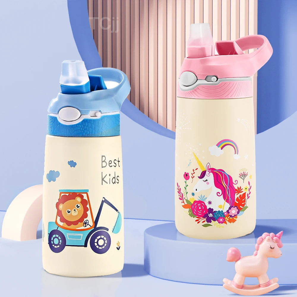 400ML enfants bouteille d'eau dessin animé Animal tasse pour enfants avec paille en acier inoxydable flaques sous vide bouteille Thermos tasse thermique tasses