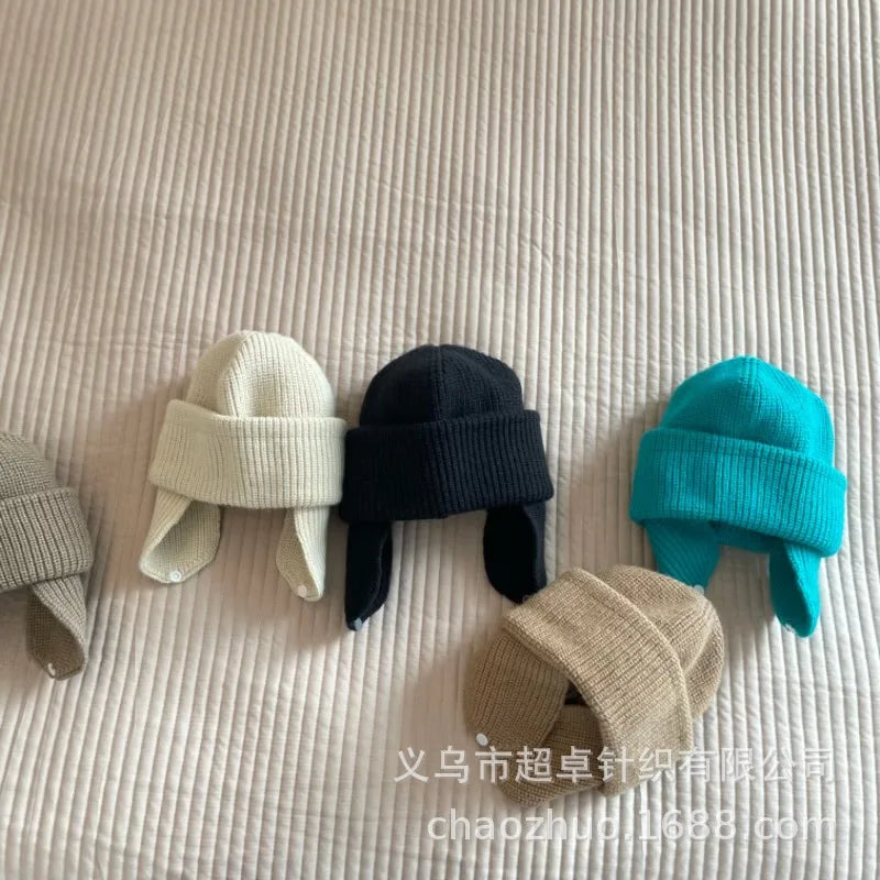 Bonnet en tricot coréen pour bébé, bonnets solides pour enfants, bonnet pour enfants, bonnets de protection des oreilles pour filles et garçons, automne et hiver