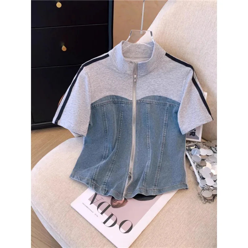 Ensemble pantalon femmes deux pièces ensembles Denim épissure fermeture éclair ensembles assortis manteaux décontractés jambe large pantalons longs à lacets taille élastique 2025