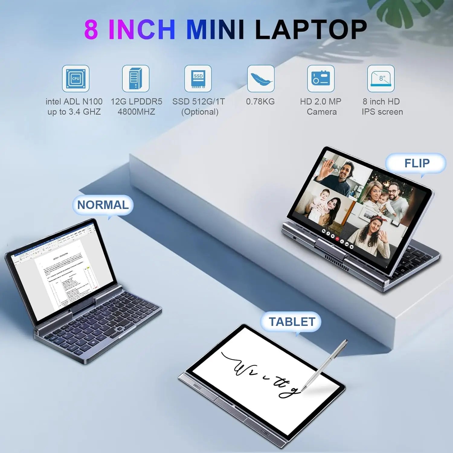 Mini ordinateur Portable windows 11 8 pouces écran tactile ordinateur Portable N150 12GB + 1 to IPS Netbook Win 11 Pro Mini PC Micro ordinateur