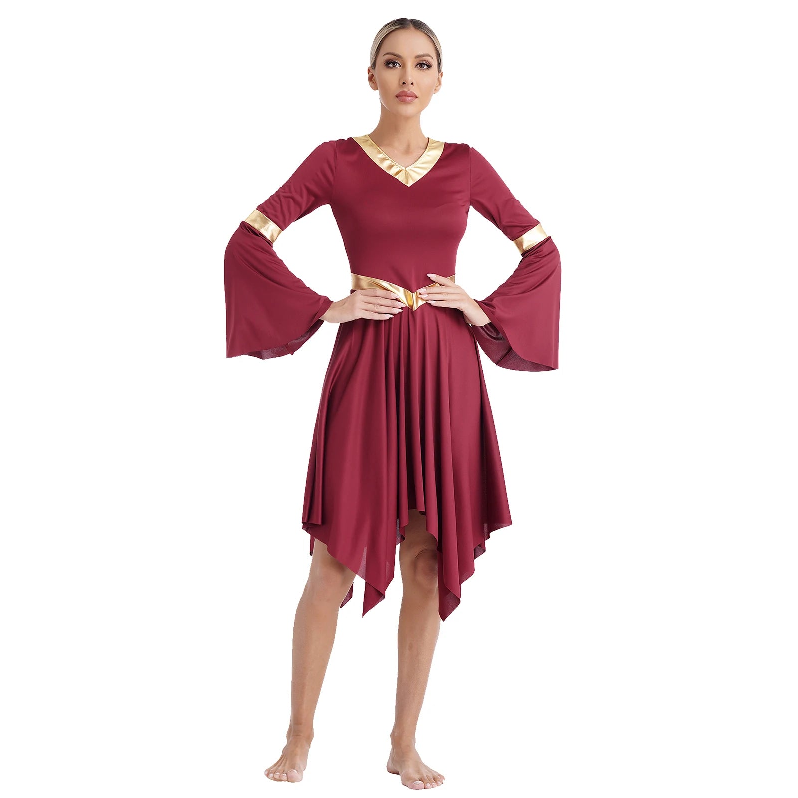 Robe de danse lyrique à manches longues pour femmes, robe à ourlet irrégulier, costume de spectacle liturgique, vêtements de danse modernes, culte de la chorale d'église