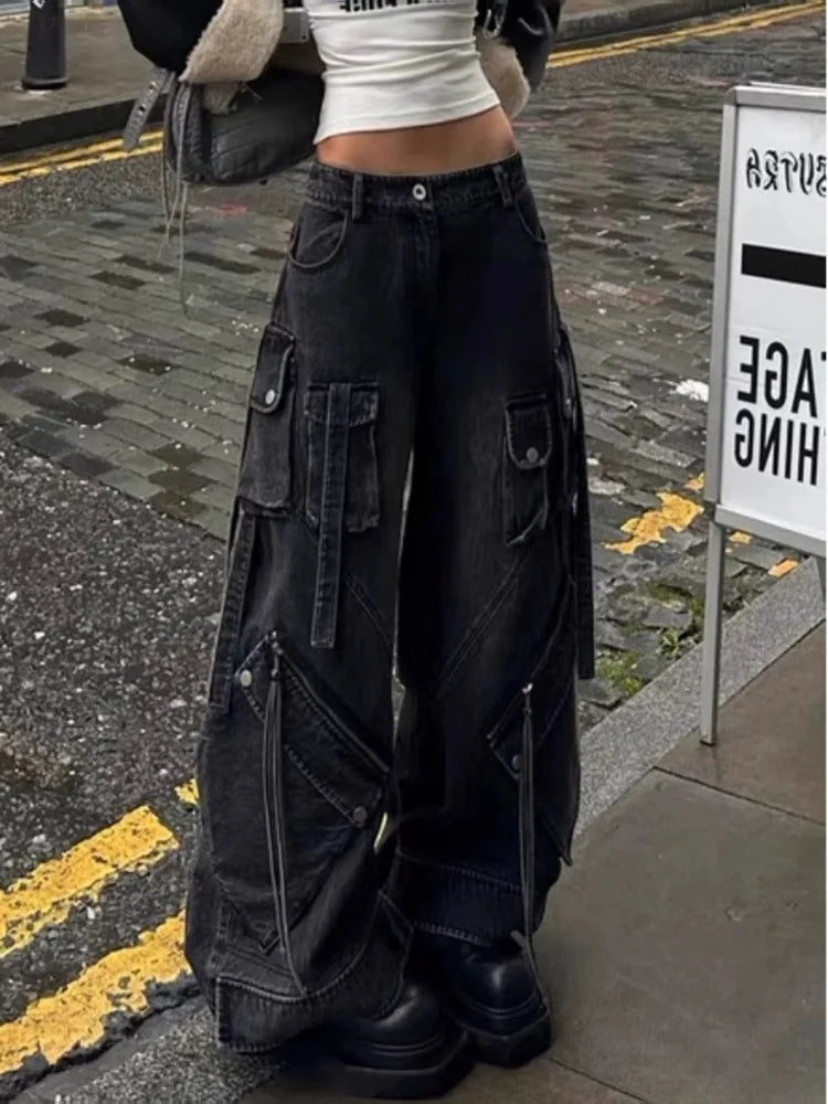 FjRopa Mujer-Jean Cargo Noir Délavé Style Punk Y2K pour Femme, Pantalon Baggy, Vêtements de Styliste, Jambes Larges, 2024