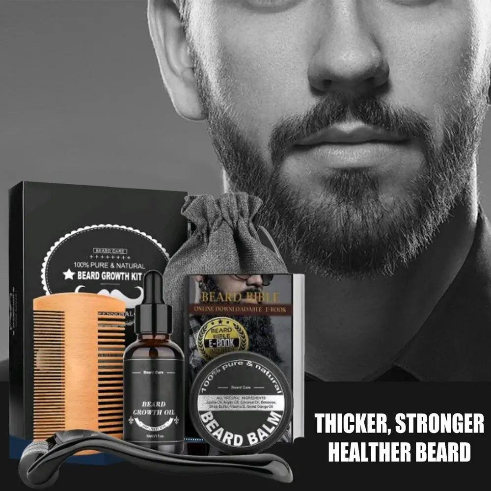Kit de Croissance de Barbe pour Homme, Rehausseur de Cheveux, Huile Essentielle, Soin de la Barbe, Après-Shampoing, Peigne Double Face, Crème, 5 Pièces