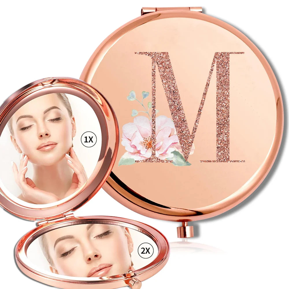 Miroir rond de maquillage grossissant Double face en métal, cosmétique, aspect Portable, verre, Compact, motif de lettres en or Rose