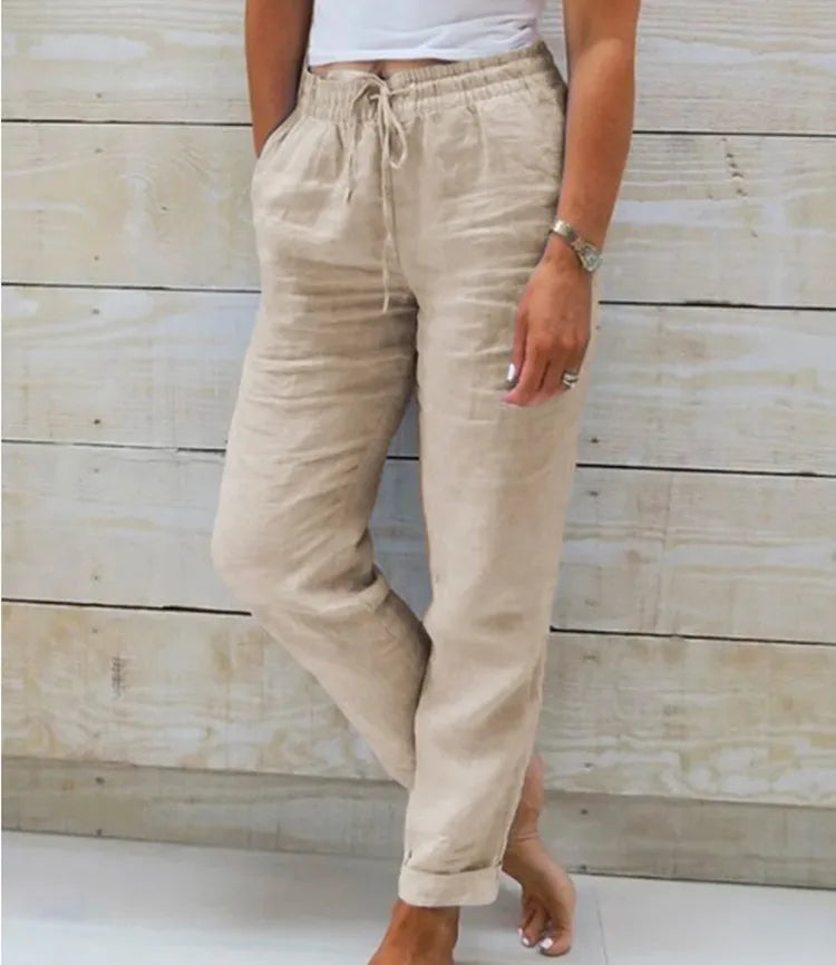 Pantalon en coton et lin pour femmes, taille haute, élastique, décontracté, à la mode, respirant, ample, nouvelle collection 2025