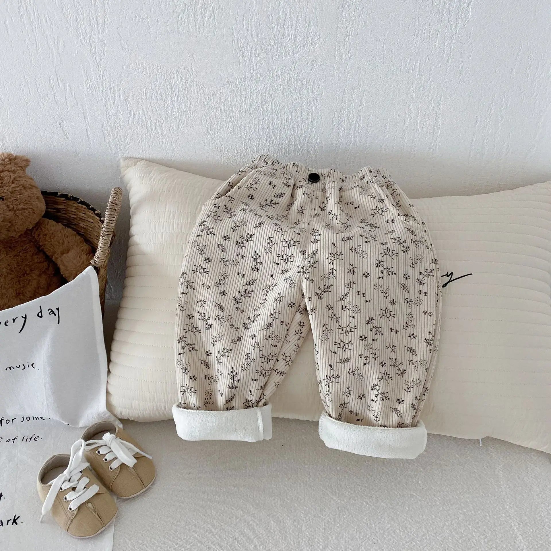 Vêtements coréens pour enfants de 0 à 5 ans, pantalons d'hiver chauds en velours côtelé imprimé Floral, doublés en polaire, pour bébés garçons et filles, 2025