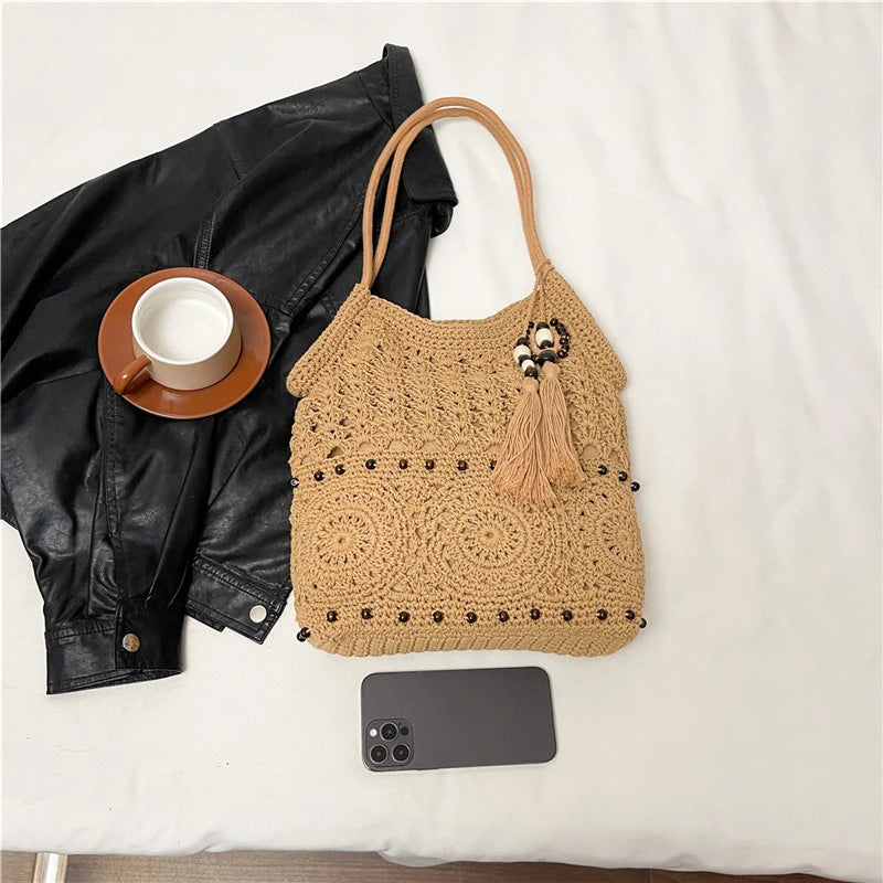 Sac à main tissé de grande capacité, sac à bandoulière ajouré, fourre-tout en Crochet, fourre-tout bohème tissé pour femmes, sacs de Shopping tricotés