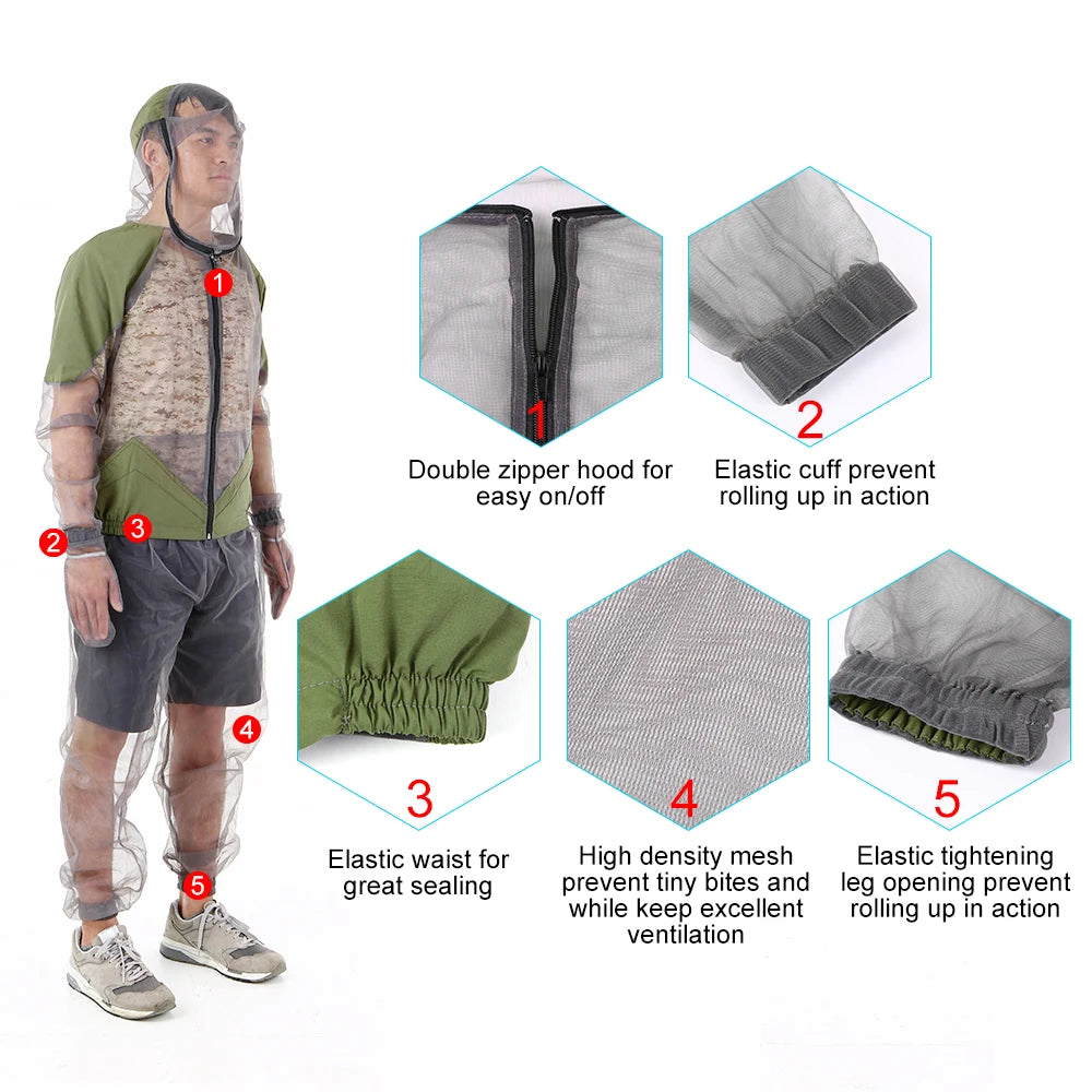 Outdoor mosquito-repellent jacket, Olympic-sized mesh hooded jacket, fishing and camping jacket, insect protection, mesh shirt, gloves and pants
