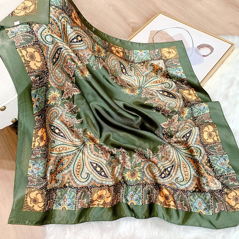 2025 Design marque foulard foulard châle enveloppes imprimer soie Satin écharpe carré femmes musulman Hijab élégant bandeau Bandana