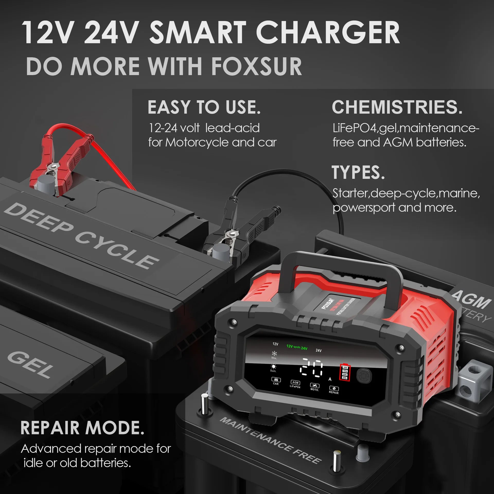 Chargeur de batterie intelligent pour voiture et moto, chargeurs de batterie au lithium, AGM GEL, plomb-acide, veFePO4, 20A, 10A, 12V, 24V