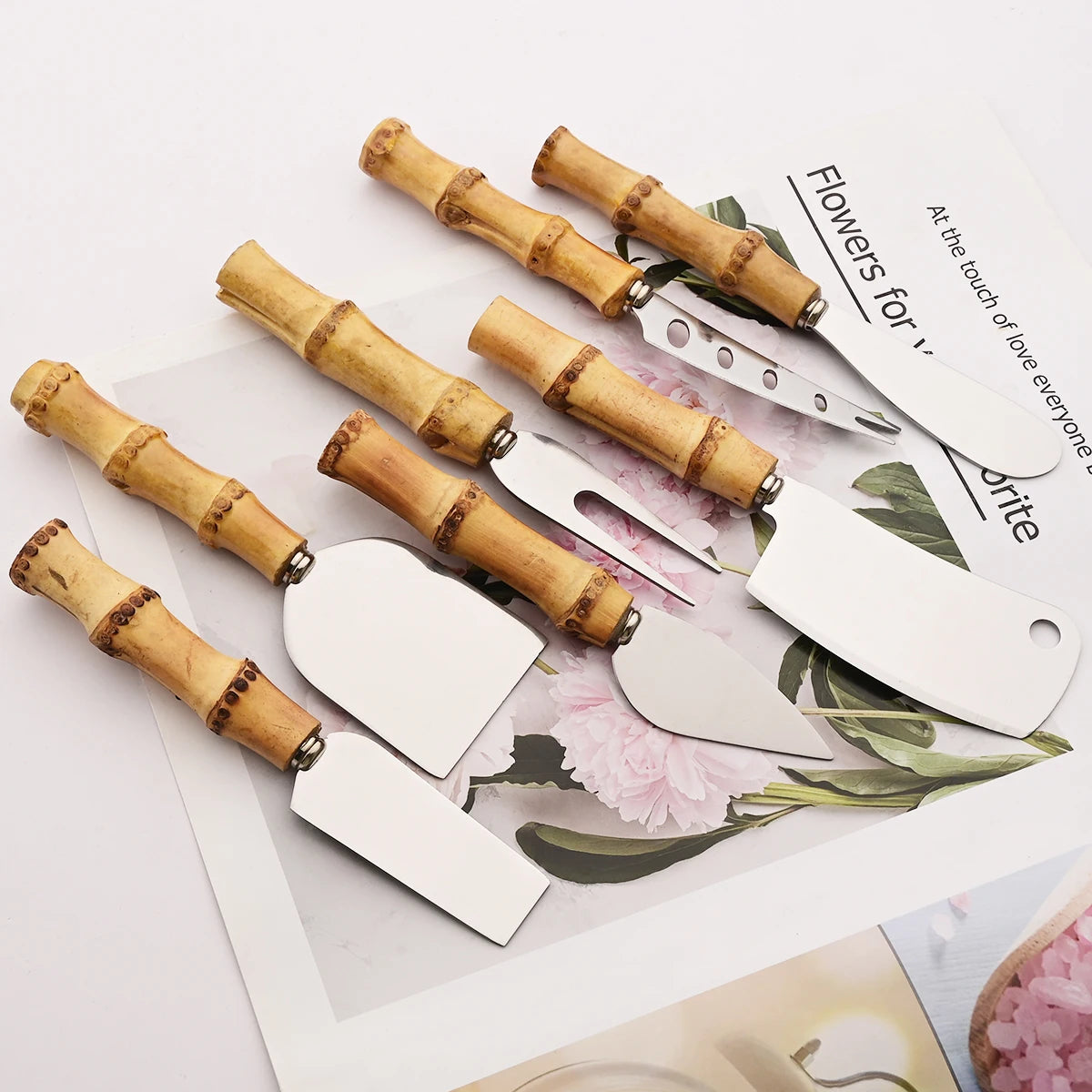 Ensemble de couteaux à fromage en bambou, couverts à fromage, trancheur de fromage en acier inoxydable, Mini couteau couteau à beurre, spatule fourchette outils de cuisine