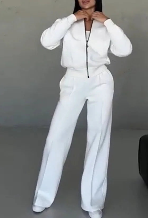 Women's two-piece casual set, solid color, sweatshirt, long sleeves, zip-up coat, long pants, pockets, elegant, autumn/winter 2025