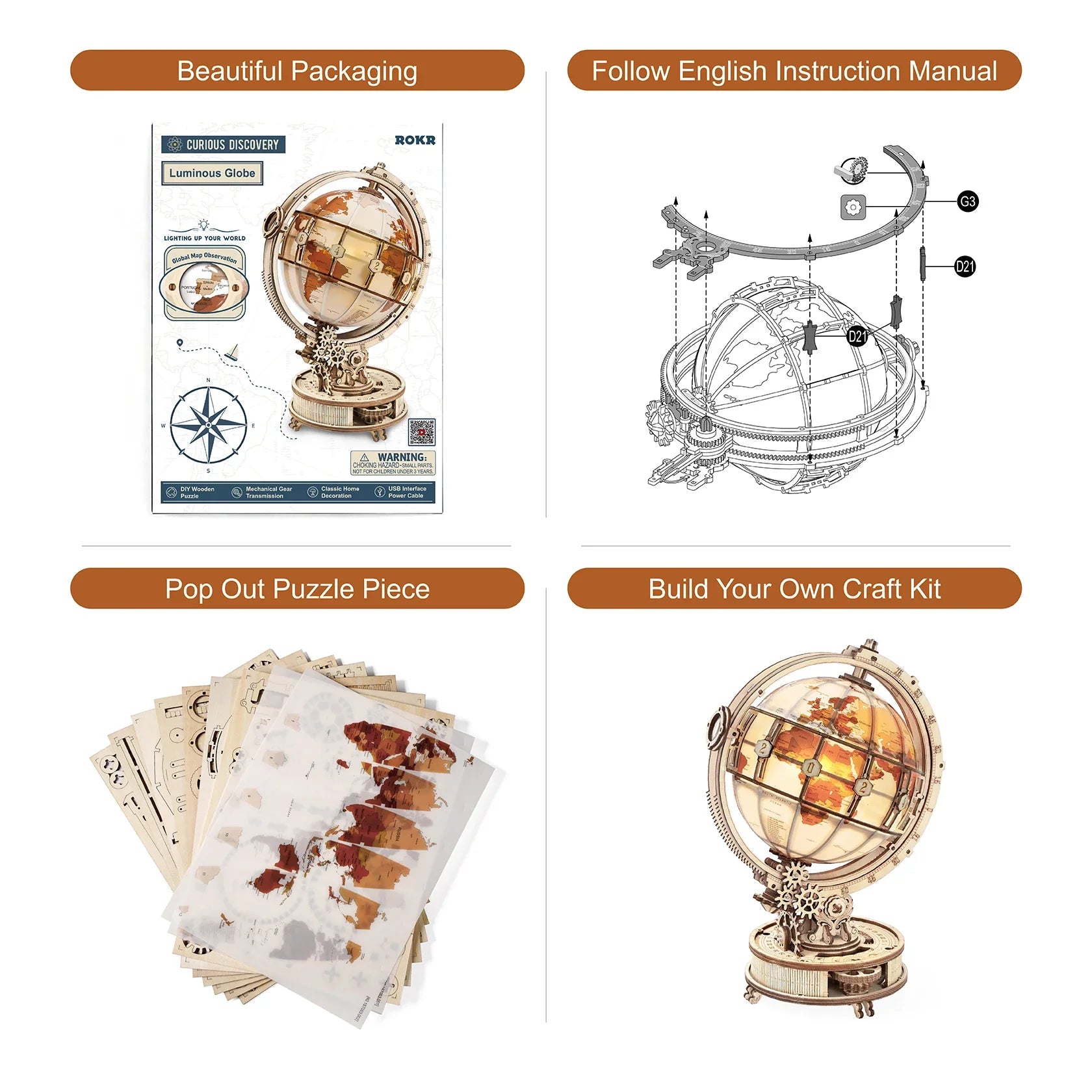 Lampe Globe en bois, jeux de puzzle 3D, cadeau d'anniversaire pour enfants et adultes, blocs de construction de décoration de maison, puzzle 3D pour enfants et adultes
