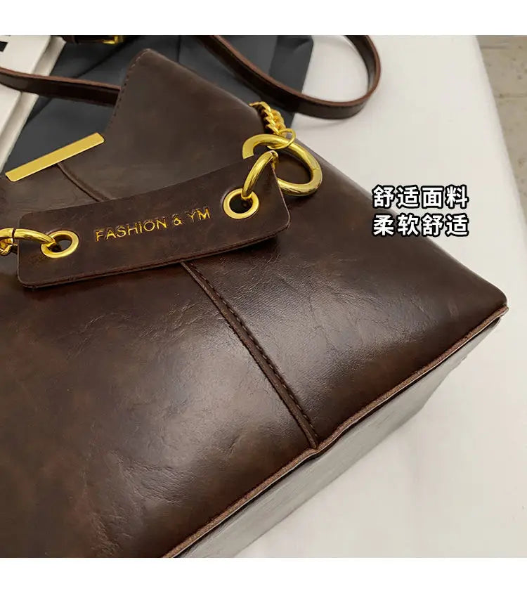 Women's PU leather chain bucket bag, Korean style handbag, shoulder bag, 2025 