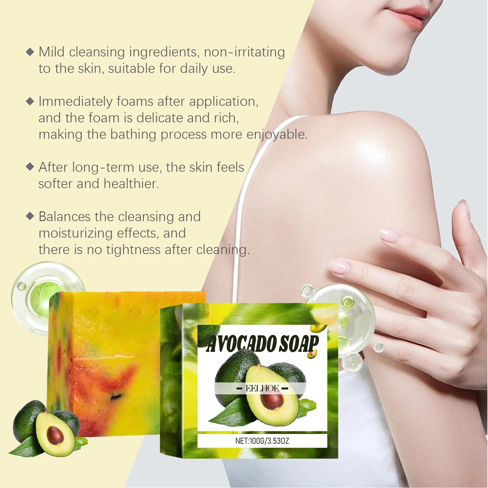 Savon d'avocat nettoyant pour le corps hydratant contrôle de l'huile lissage de la peau peau tendre même ton enlever la saleté peau rajeunie soin du corps