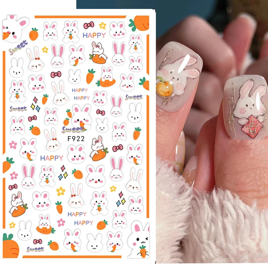 Easter bunny nail stickers, self-adhesive 3D decals, nail art supplies, cartoon character, DIY nail stickers