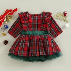 Robe de noël pour petites filles, vêtements d'automne et d'hiver, imprimé à carreaux, manches longues, col rond, volants, Tulle, Patchwork, robe trapèze