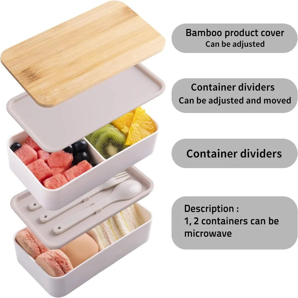 Boîte à Déjeuner Synchronisée avec Couvercle en Bois pour Pique-Nique, Micro-ondes, Bento Japonais, Portable, Double Couche, Récipient Alimentaire pour Enfants, 1200ml