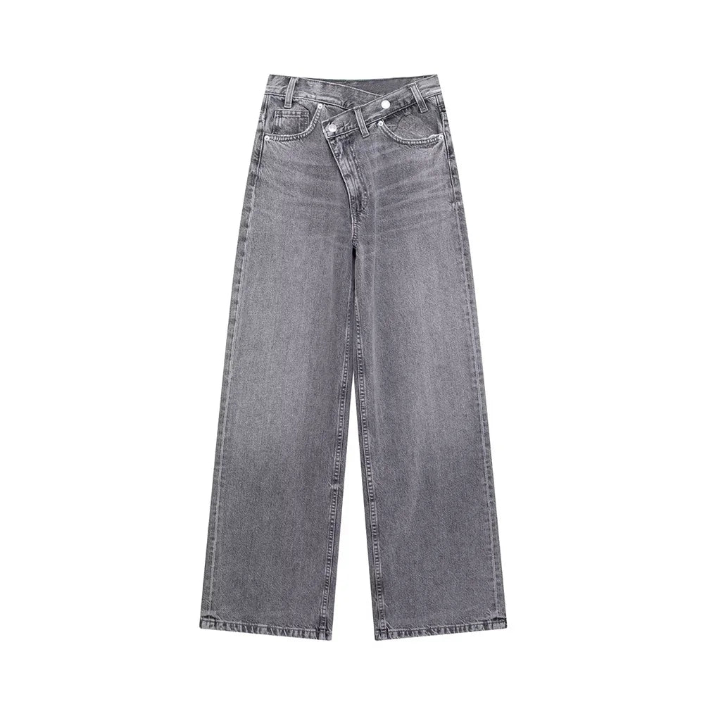 Jeans asymétriques à taille haute et à jambes larges pour femmes nouveaux modèles de base mode polyvalente pantalons droits pantalons