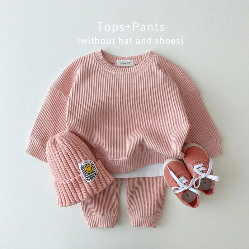 Ensemble de vêtements coréens pour bébés garçons, faux deux pièces en coton gaufré + pantalon, tenue 2 pièces, 2023