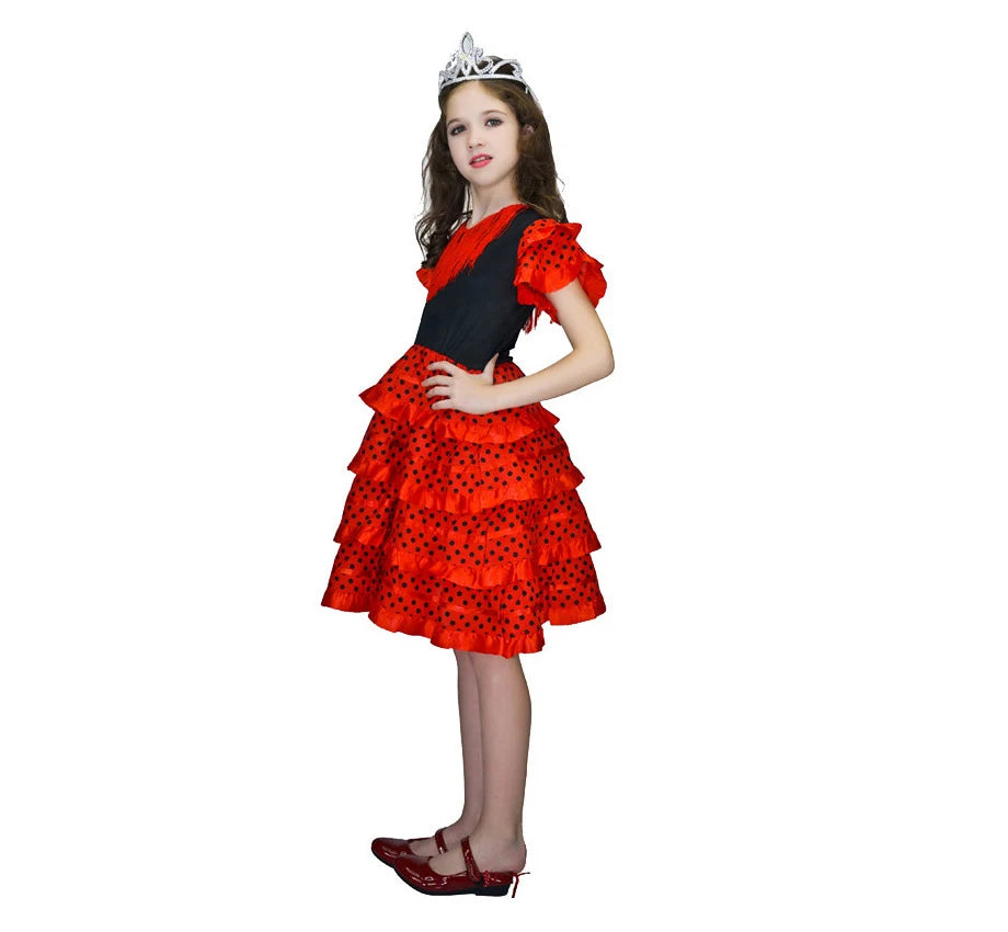Robe de danse traditionnelle espagnole pour filles, robe de Festival à pois avec pompon, quatre couleurs, jupe classique de Style Flamengo gitane pour enfants