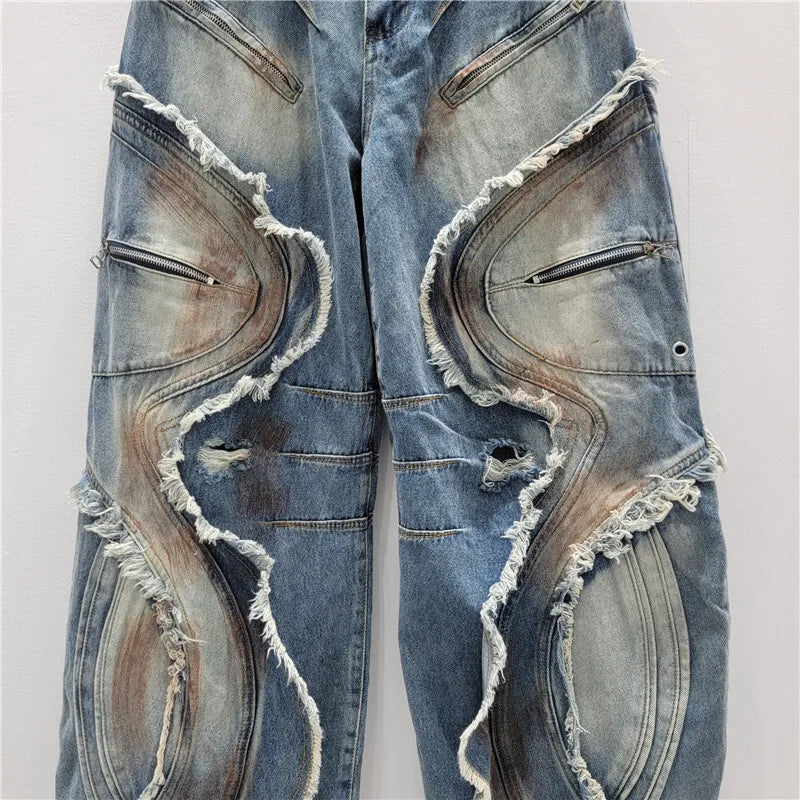 DEAT 2025 Autumn New Fashion Patchwork Burls Cargo Denim Pants for Women High Waist Loose Wide Leg Fashionable Jeans 11A06257