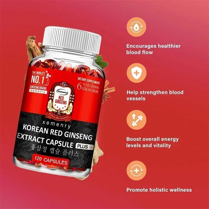 Supplément coréen au ginseng rouge – Soutient la santé globale, augmente la production énergétique, soulage le stress – 120 pièces