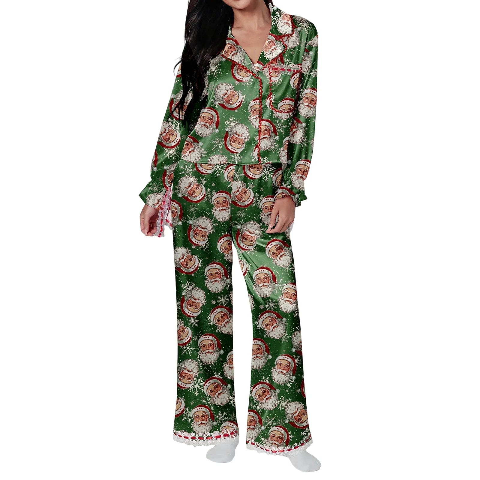 Ensemble pyjama de noël 2 pièces pour femmes, imprimé père noël/arc, dentelle en Satin, à nouer, manches longues, chemises à boutons, pantalons, vêtements de nuit