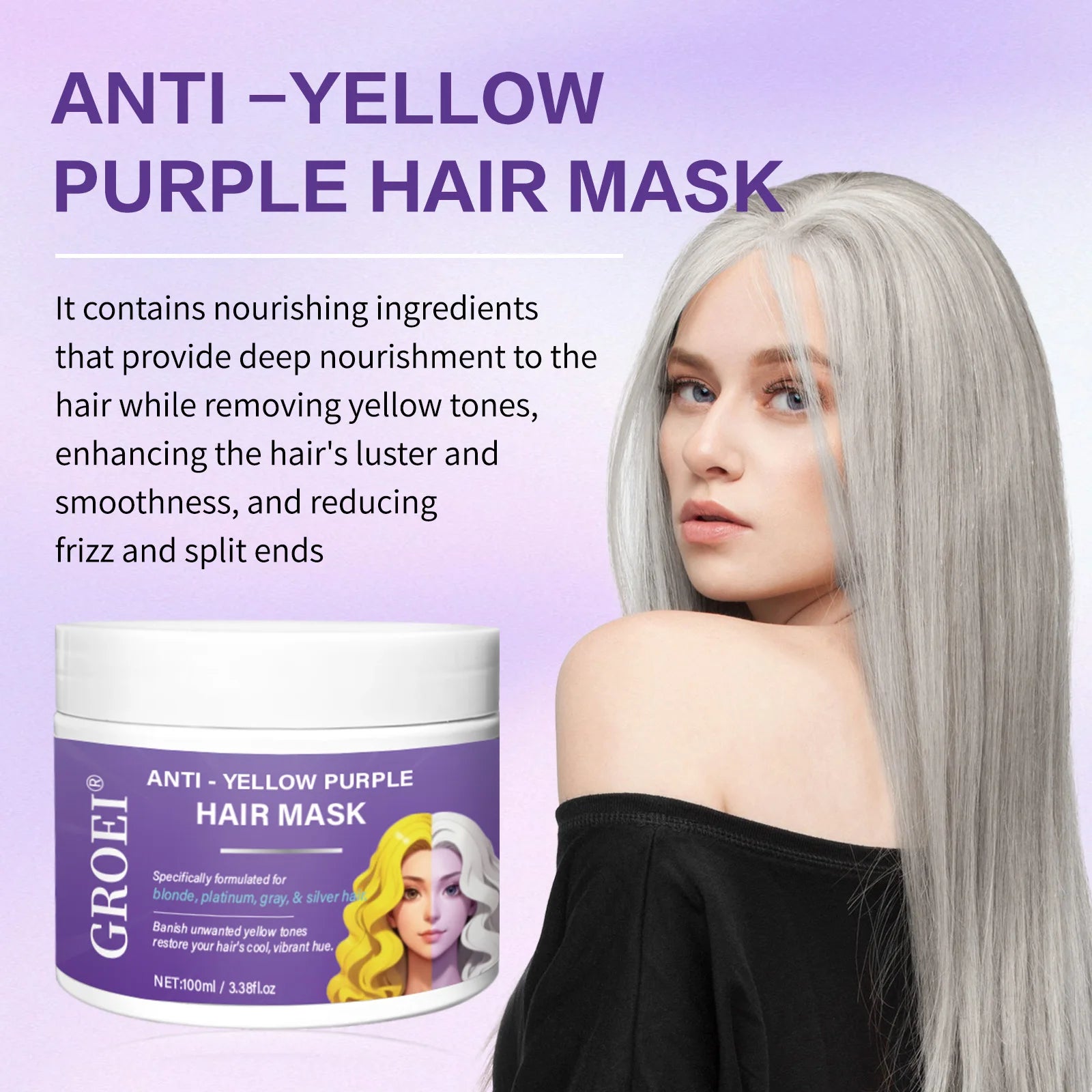 Masque capillaire qui élimine les tons jaunes et nourrit en profondeur les cheveux, améliore la brillance des cheveux et restaure la couleur des cheveux.