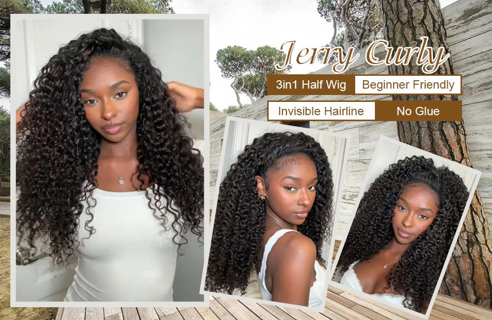Demi-perruque cheveux humains crépus bouclés sans colle perruque cheveux humains prêt à porter 3 en 1 demi perruque avec cordon 250 densité bouclée demi-perruque