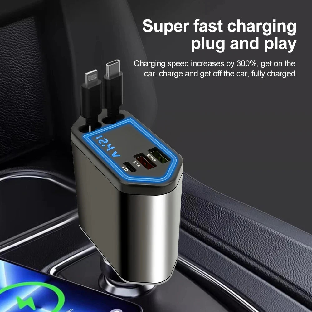 Chargeur de voiture rétractable, chargeur de voiture 4 en 1 à charge rapide 120W, câble rétractable et 2 Ports USB Compatible avec adaptateur de chargeur de voiture