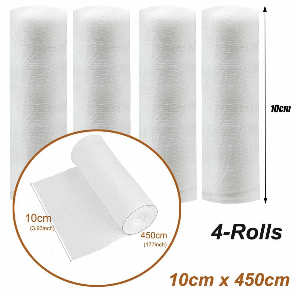 Rouleau de bandage de gaze avec ruban adhésif, 4 rouleaux, enveloppe de gaze blanche, enveloppement de gaze respirant, utilisé pour les premiers secours, les soins et les fournitures des plaies