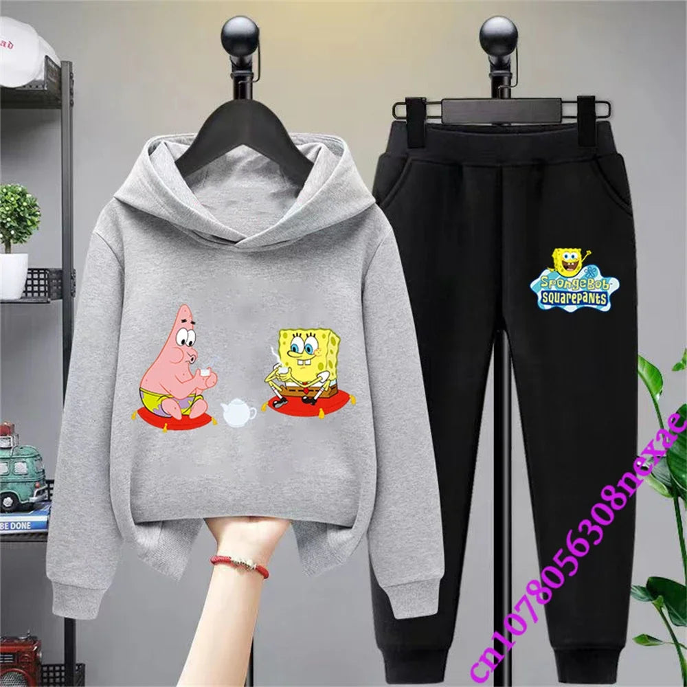 Spongebob-Pull imprimé dessin animé pour enfants, vêtements pour garçons et filles, imbibé, printemps et automne, Sportif, fjedly, 2 pièces