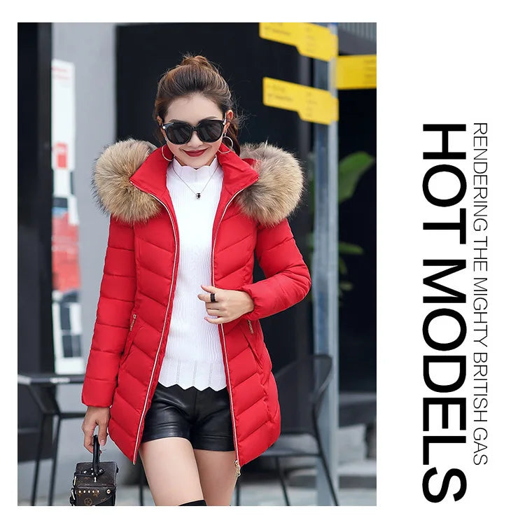 Veste d'hiver mi-longue en coton pour femme, manteau d'hiver rempli de grand col en fourrure, fibre de Polyester de Style britannique Non amovible