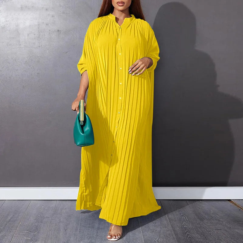 Femmes Eid robes musulmanes col montant simple boutonnage dubaï arabe robes Ramadan décontracté ample caftan robe solide plissé