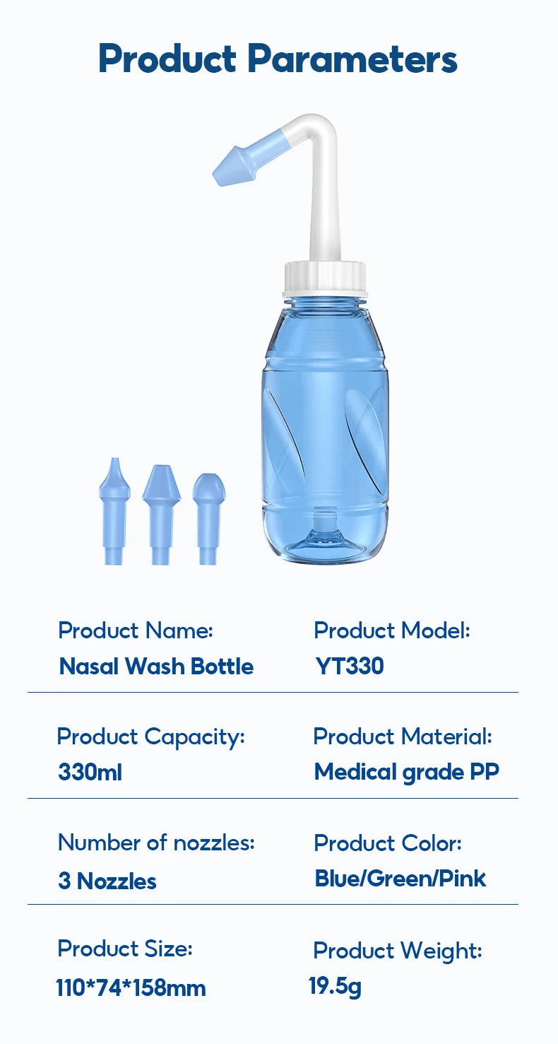 Nasal cleaner for sinusitis, nasal wash, for adults and children, allergic rhinitis treatment, nasal irrigator, neti pot, nasal cleaning tool, 330ml
