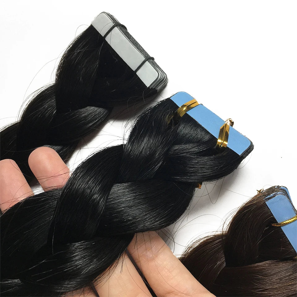 Bande dans les Extensions de cheveux humains droits Extensions adhésives de cheveux brésiliens trame de peau noir brun 100% vrais cheveux humains pour les femmes