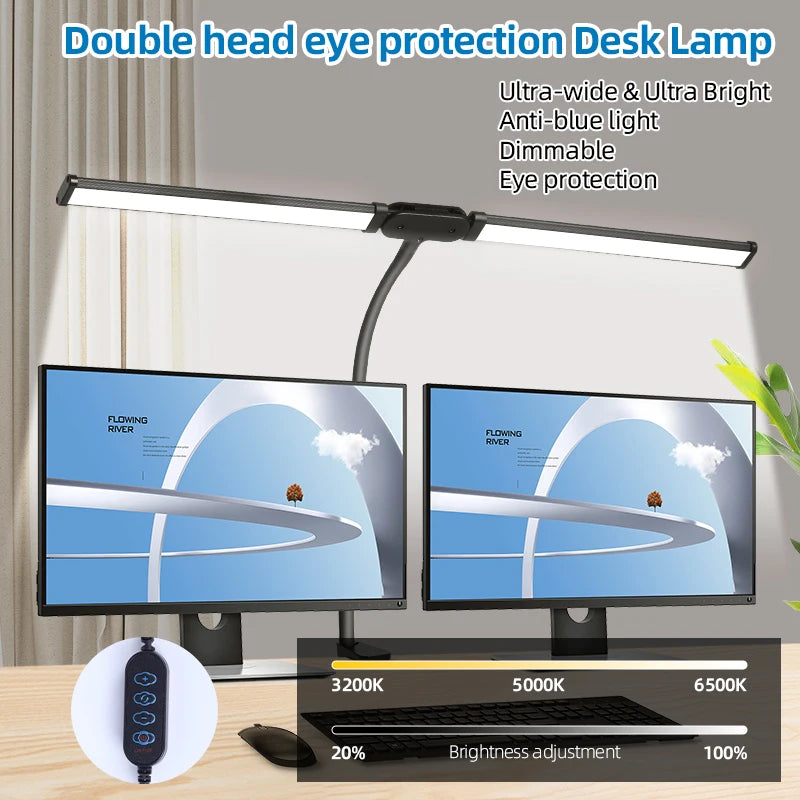 Lampes de bureau LED à double tête, lumière de moniteur d'ordinateur à intensité variable en continu, lampe de table USB pour étude de bureau, luminaire de lecture  lumiere bureau  lampe ecran ordinateur