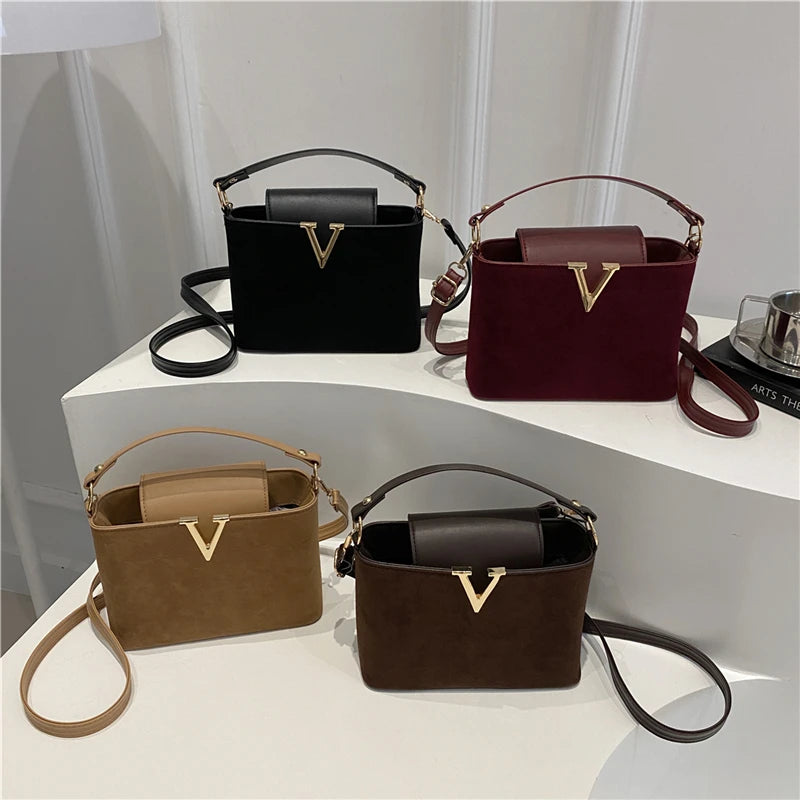 Fashionable mini suede bag for women, faux suede tote bag, decorative handbag with locking buckle, shoulder bags 