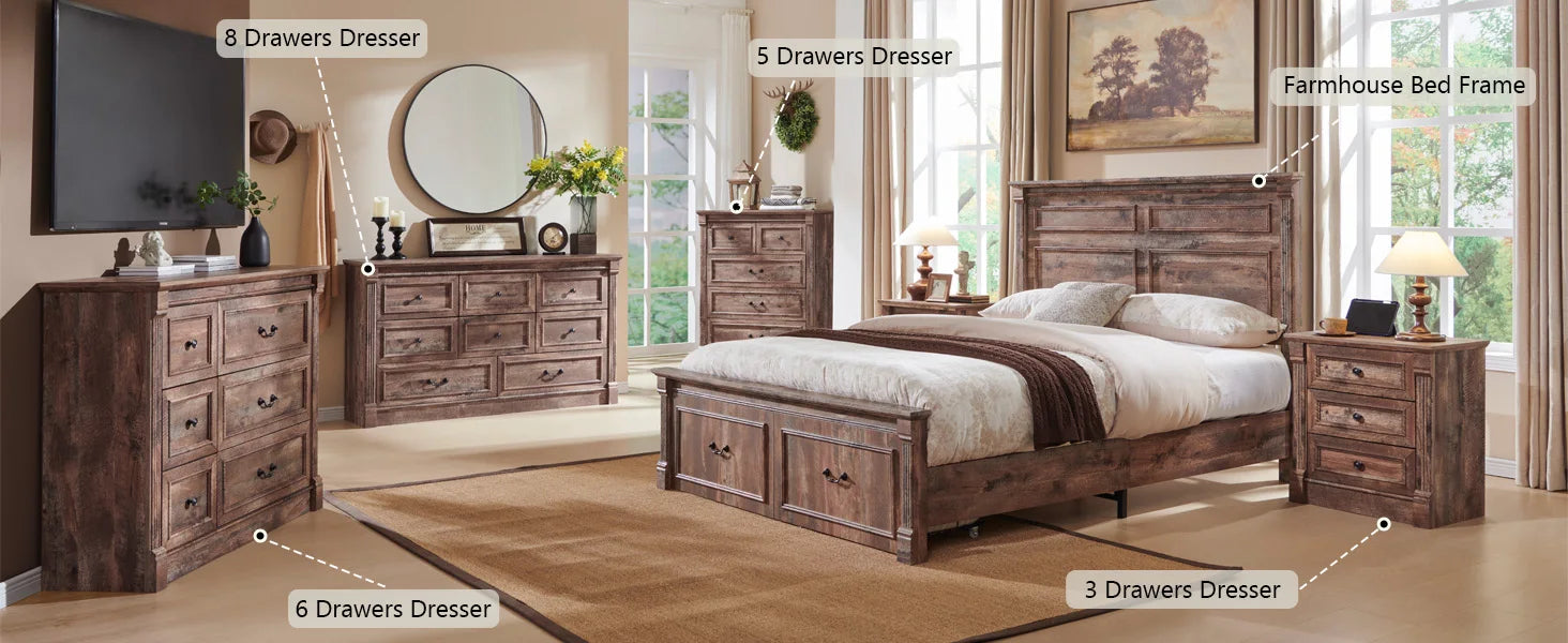 Cadre de lit queen size Farmhouse, avec tête de lit de 51 po de hauteur, cadre de lit en bois avec pied de lit de 20 po de hauteur et 2 grands tiroirs de rangement