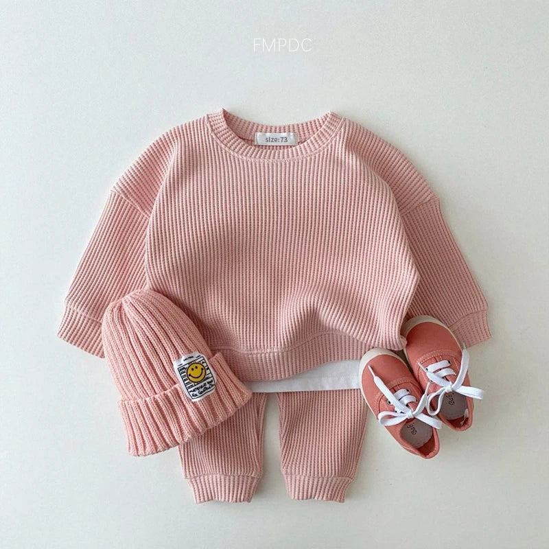 Ensemble de vêtements coréens pour bébés garçons, faux deux pièces en coton gaufré + pantalon, tenue 2 pièces, 2023
